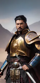 Epic warrior in golden armor with mountains.