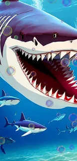 Dynamic illustration of a fierce shark in a vibrant blue ocean setting.