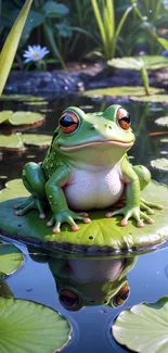 Cute frog sitting on a lily pad in a serene pond.