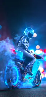 Futuristic neon motorcycle rider with glowing accents in a cyberpunk setting.