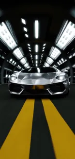 Sleek sports car in futuristic tunnel, racing forward.