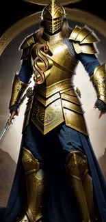 Golden knight in armor holding a sword, standing majestically.