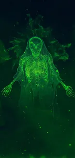 Neon green ghostly figure on dark background.