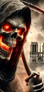 Grim reaper with glowing red eyes in front of cathedral.