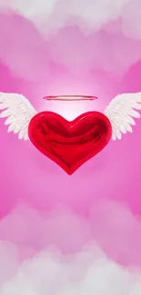 Pink heart with wings and halo wallpaper image.