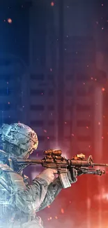 Soldier in urban combat setting with red and blue backdrop.