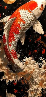 Koi fish digital art on dark background with vibrant colors and artistic details.