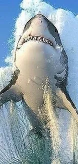 Great white shark breaching ocean surface with splash.