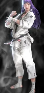 Martial artist in a gi with purple hair, set against a black background.