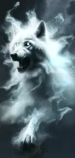 Mystical white wolf with glowing eyes in misty background, fantasy wallpaper.