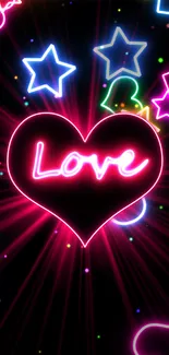 Vibrant neon heart wallpaper with glowing shapes and dark background.