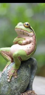 A relaxed frog sitting on a stone, featured in a serene mobile wallpaper.