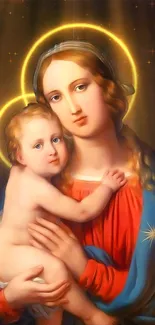 Sacred image of Madonna and child with halos and soft, warm lighting.