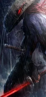 Lone samurai with red sword in rain.