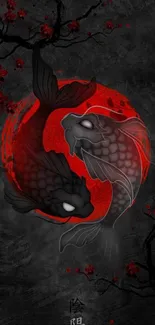 Artistic koi fish in yin yang with red and black tones on a mobile wallpaper.