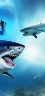 Blue ocean wallpaper with shark and Tardis.