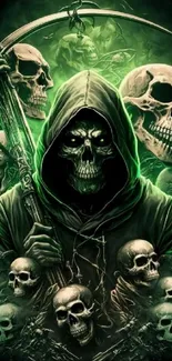 Gothic skull reaper with green glow and multiple skulls around.