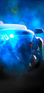 Sleek sports car with dynamic blue hues and vibrant lighting effects.