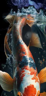 A vibrant koi fish swimming gracefully in water with bubbles and splash effects.