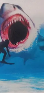 Surfer bravely confronting huge shark in ocean.