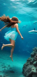 Woman swimming in blue ocean with sharks and coral reef in mobile wallpaper.