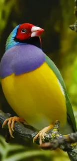 Colorful bird perched on a branch with lush green background.