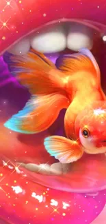 A vibrant wallpaper featuring a goldfish with colorful, sparkling fantasy elements.