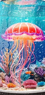 Vibrant jellyfish and coral in blue ocean wallpaper.