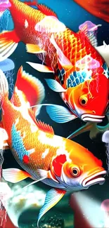 Vibrant koi fish with jellyfish in a colorful wallpaper design.