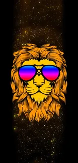 Artistic lion with sunglasses on a dark background.