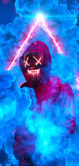 A hooded figure in neon light with blue and pink mist background.