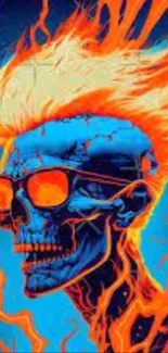 Vibrant blue skull with fiery orange flames on a mobile wallpaper.