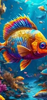 Vibrant colored fish in underwater scene with coral and aquatic life.