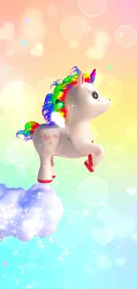 A cute unicorn with a rainbow mane on a cloud in a pastel background.