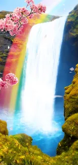 Waterfall with blossoms and rainbow.