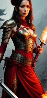 Warrior woman with flaming sword in a mystical mountain setting.