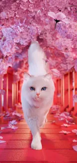 White cat walking under pink blossoms in a vivid, nature-inspired scene.