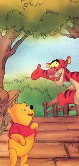 Winnie the Pooh and Tigger enjoy a whimsical adventure in a colorful forest setting.