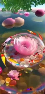 Surreal pond scene with koi fish and floating lotus.