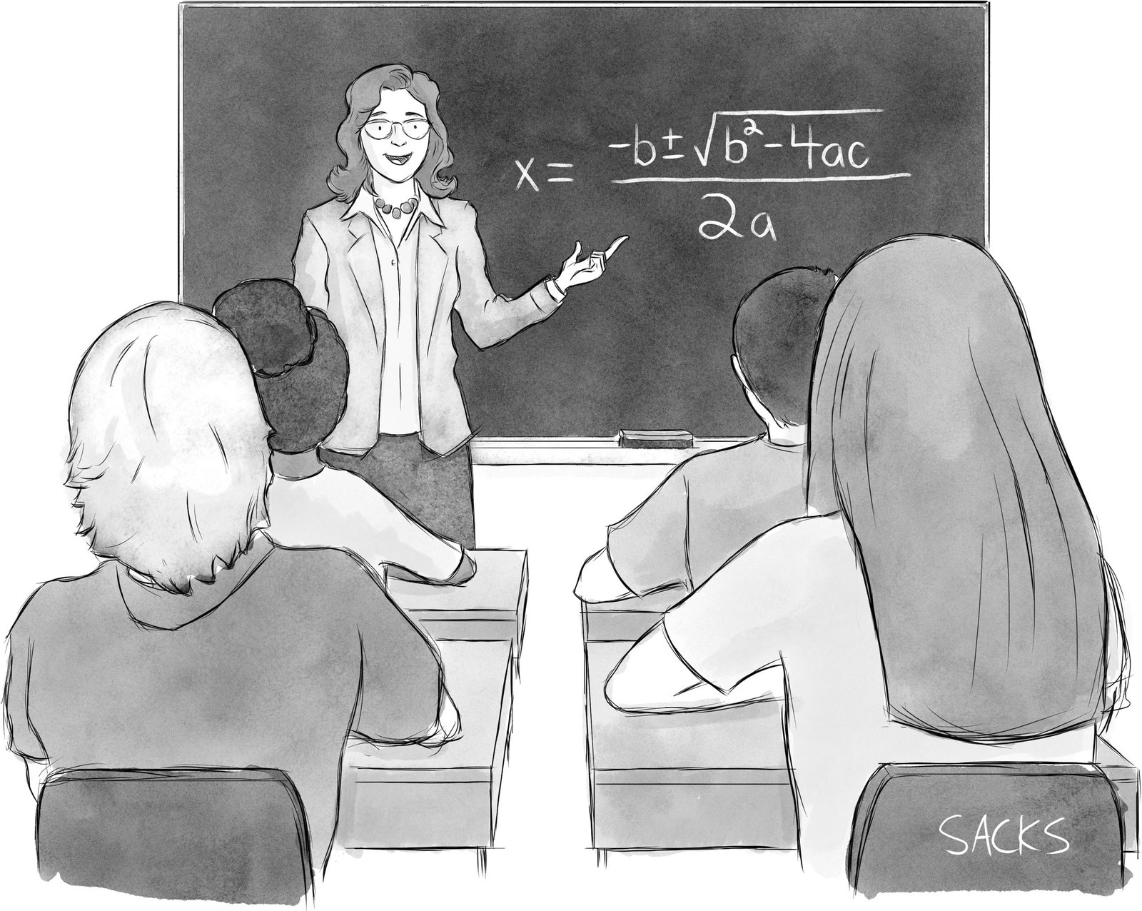 Teacher shows high school class the quadratic formula.