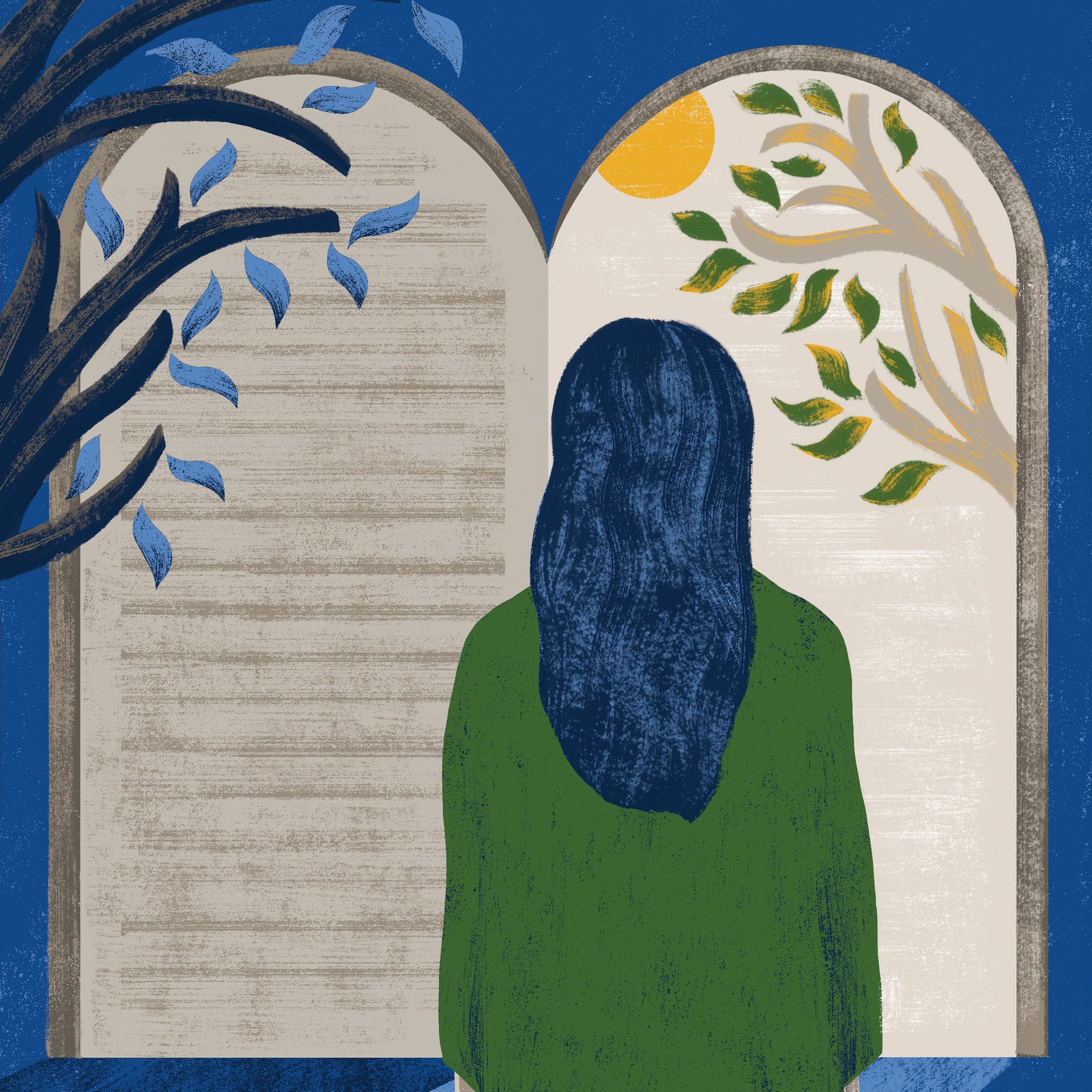 An illustration of the back of a woman looking at a stone tablet.