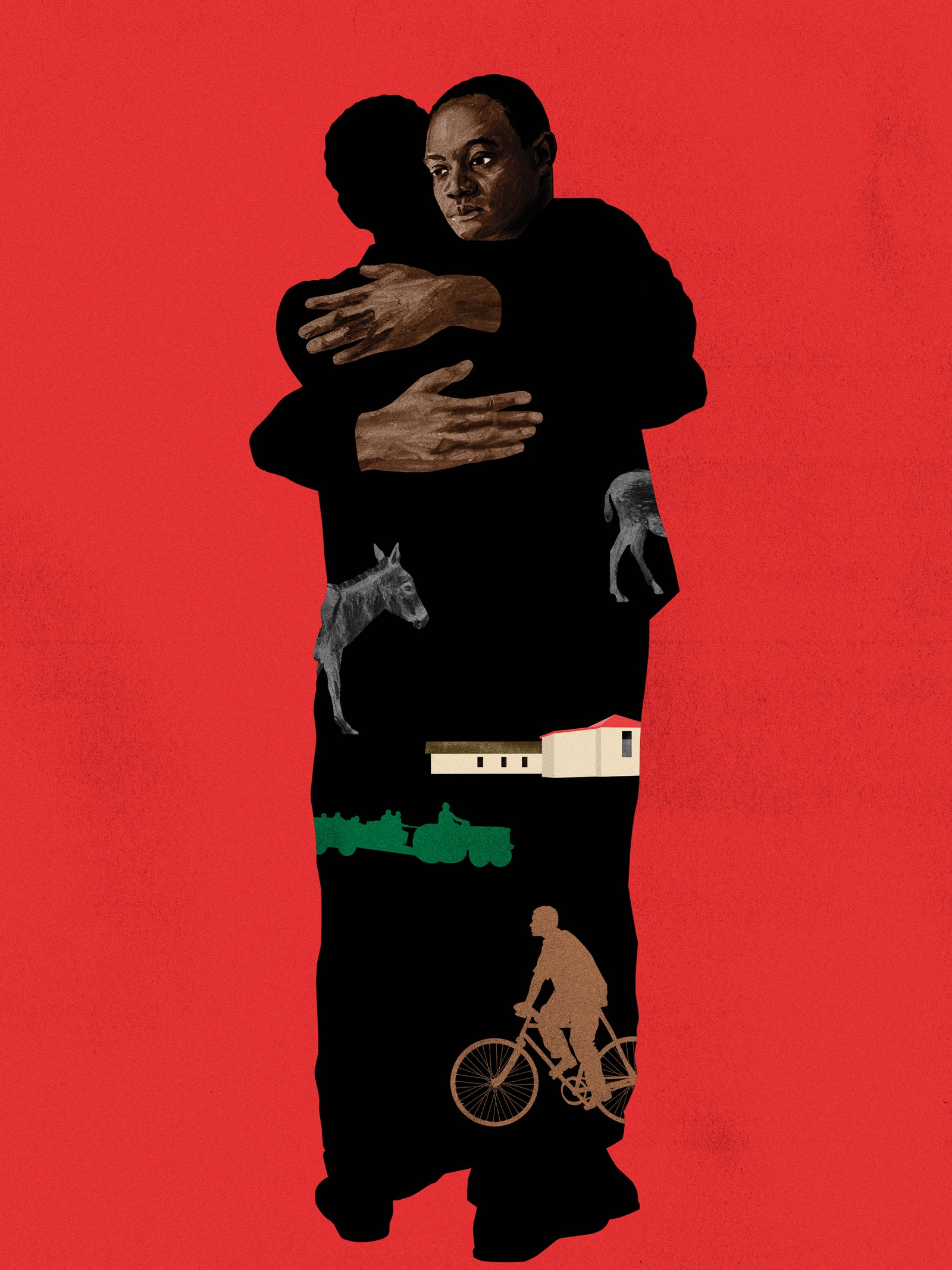 Two men hugging part of their bodies covered in black with iconography.