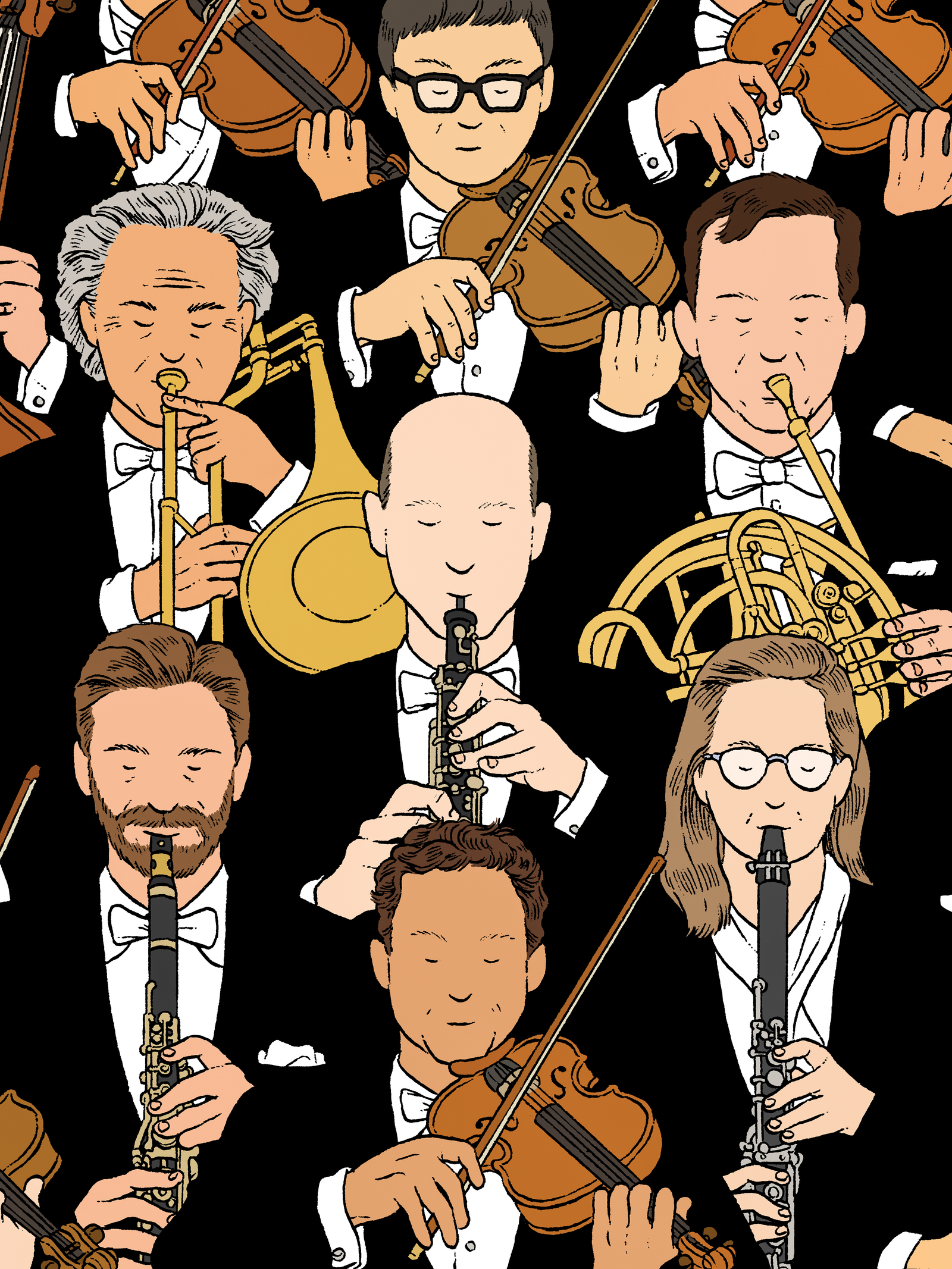 An illustration of orchestra players playing different instruments.