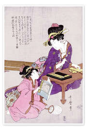 Tavla Woman is sitting at the desk and a girl is watching her - Kitagawa Utamaro