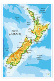 Poster Neuseeland-Landkarte (Englisch)