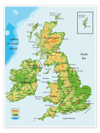 Poster Topografische Karte von Großbritannien und Irland (Englisch)