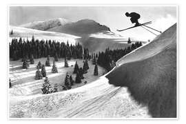 Poster Ski Jumper in Snowy Landscape With Trees - Vintage Ski Collection