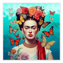 Poster Frida Kahlo und fliegende Schmetterlinge - Mark Ashkenazi