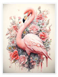 Poster Flamingo in einem Rosenbusch - Bettina Dittmann