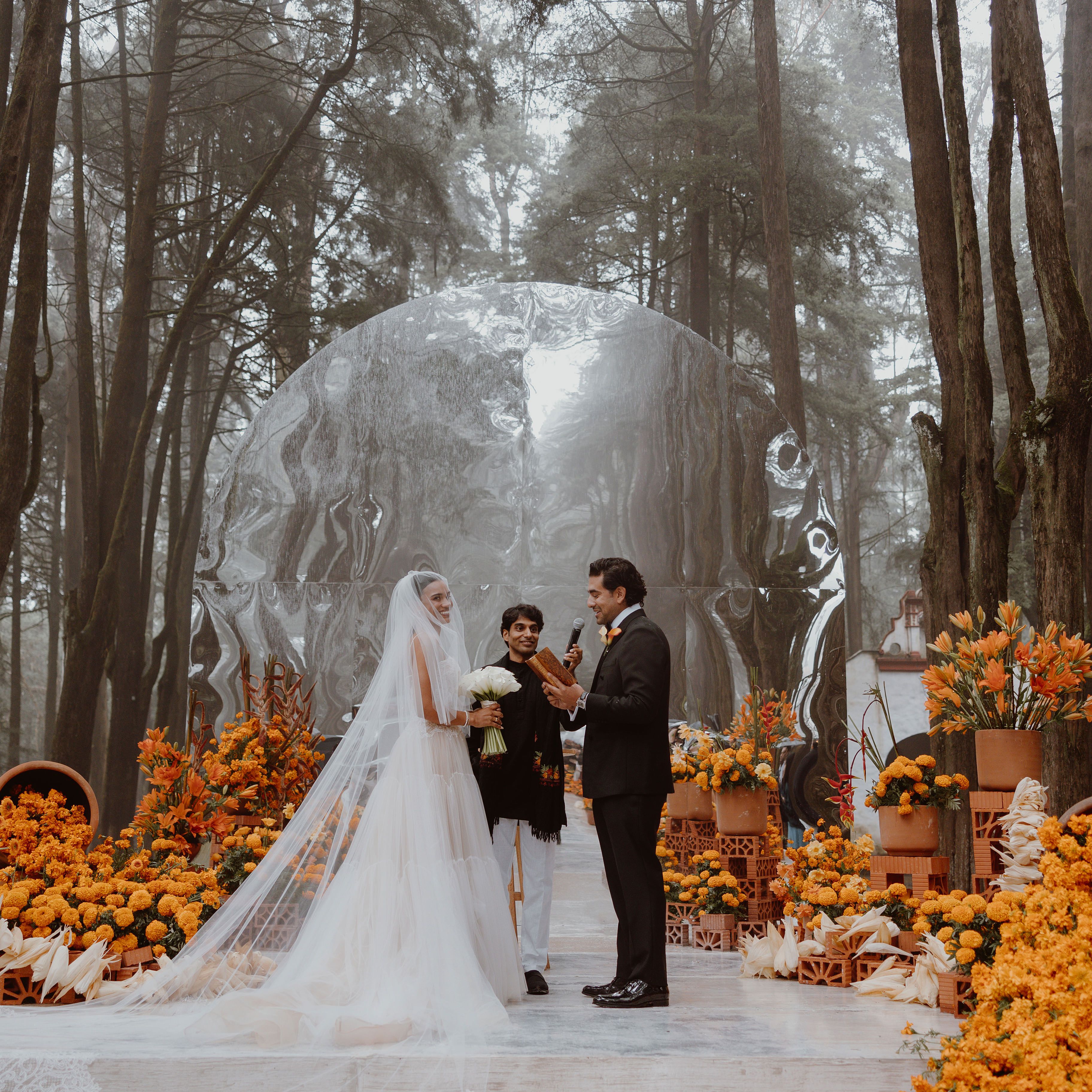 The Bride Wore Vera Wang To Marry Surrounded By Marigolds At A 400-Year-Old Monastery Outside Mexico City